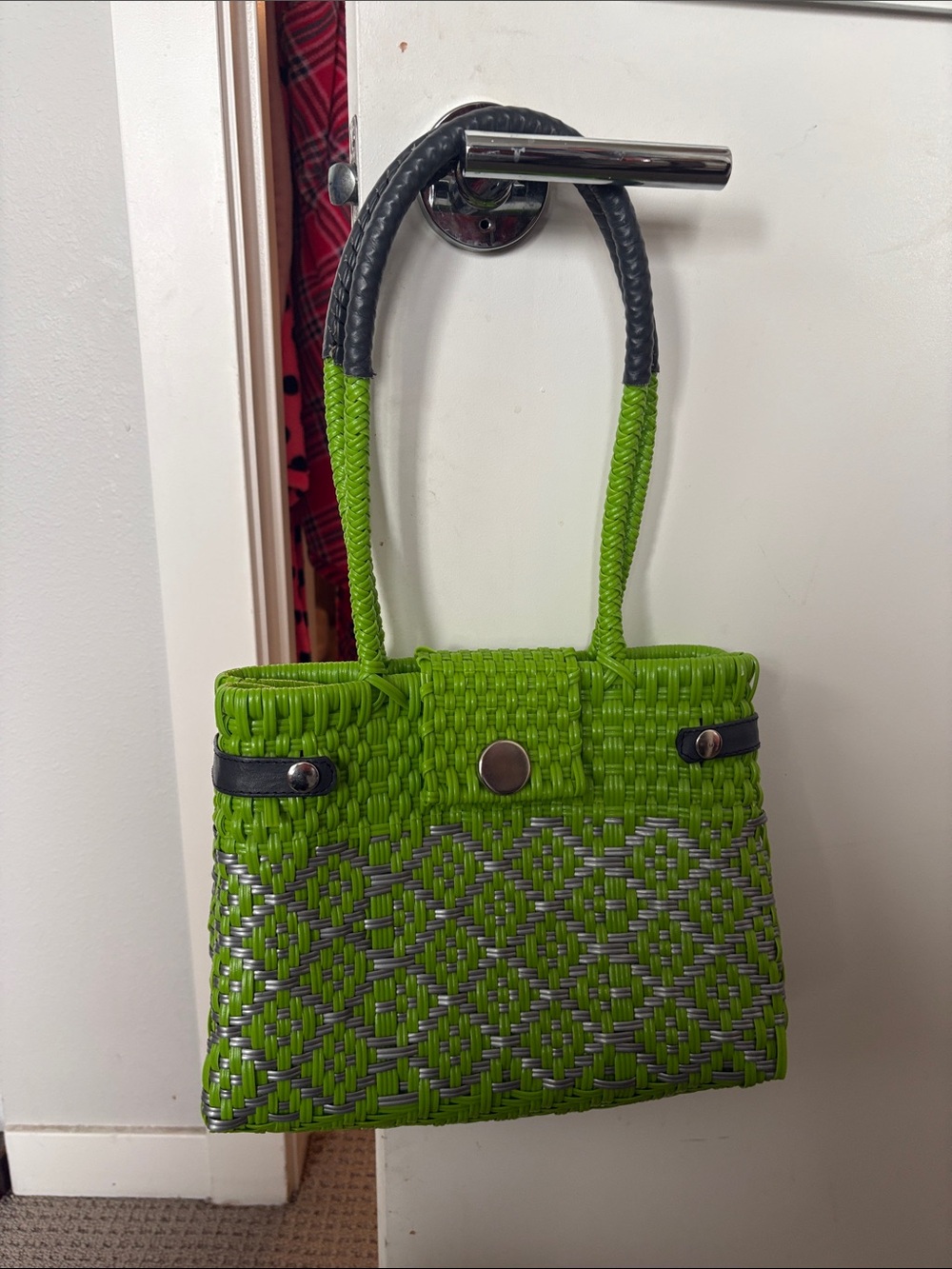 Green Woven Shoulder Bag with Black Accents